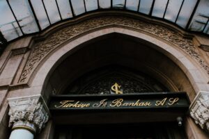 Stone entrance of a historic bank branch